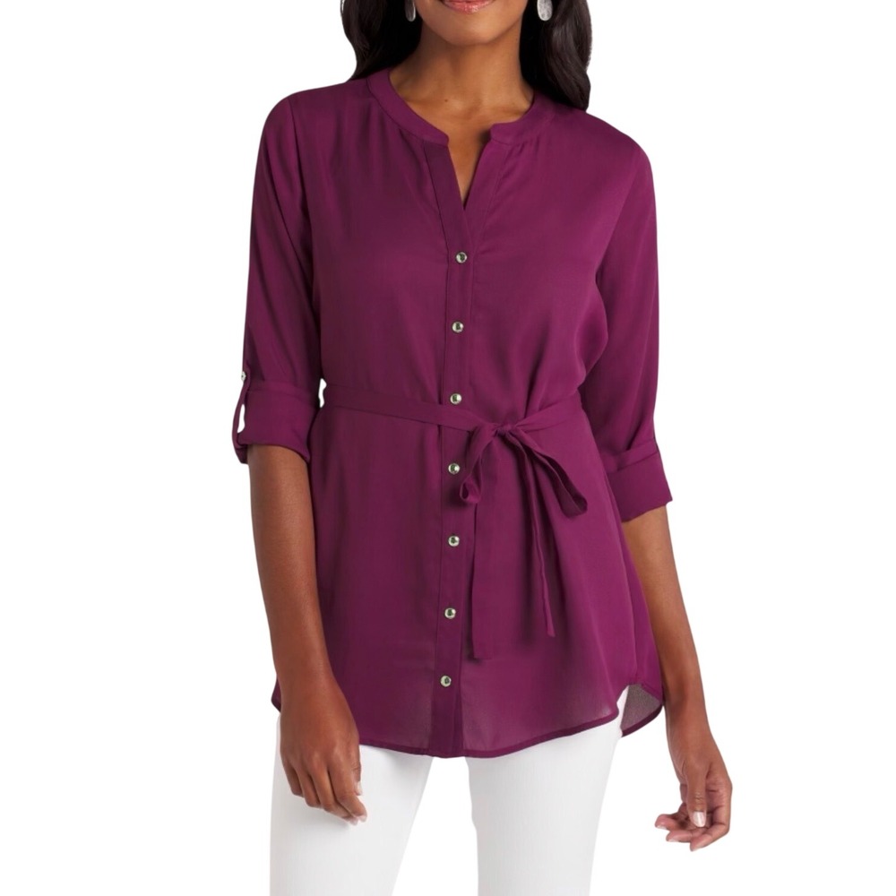 Papermoon Tunic Top Womens Large Purple Excellent Tie Waist Roll Tab Sleeve